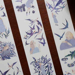Bird Migration Washi Tape, Girl Illustration Washi Tape, Swallow, Blue Butterfly Masking Tape, Ruban décoratif pour journal créatif, Collage