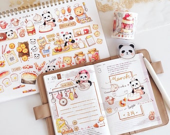 Sweet Time Washi Tape, EverEin Snacks Washi Tape Roll, Toast, Mochi, Ice Cream, Bakery Masking Tape for Creative Journal, Panda Bears