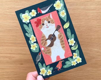 Hawaiian Cat Postcard, 4Legs Illustrated Post Card, Aloha Greeting Card, Yellow Hibiscus Flower, Ukulele Cat Birthday Card