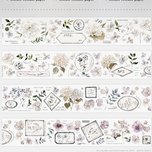 テープサンプル、そばかすティーグリーンリーフマスキングテープ、アジサイの花の水彩イラスト、ジャーナルとプランナー用の花のラベルステッカー