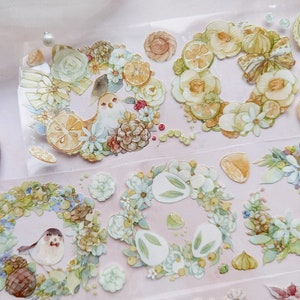 Extra breites Vögel und Blumen Kranz Masking Tape, Pastell Blumen Washi Tape, Original Design Illustration PET Clear Tape, Kawaii Briefpapier