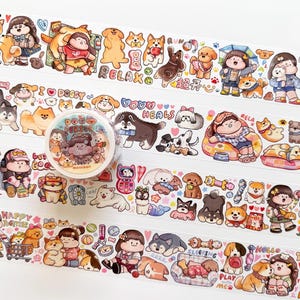 Dog Person Washi Tape, Meatball Series Original Girl Illustration Washi Roll, Puppy, Pet, Pomeranian, Husky, Corgi Sticker Masking Tape