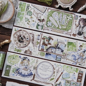 Extra Wide Green Embroidery Masking Tape, Vintage Girls Illustration Washi and Clear Tape, Crafting, Sewing, Flower Decorative Tape