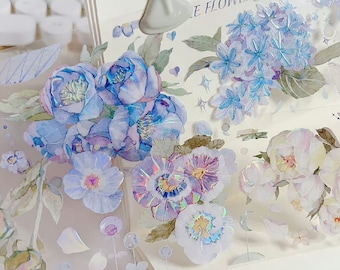 Candy Gem Blue Flower Sea PET Tape, Pansy and Hydrangea, Watercolor Floral Holographic Masking Tape, Valentine's Day Sticker