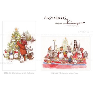 Krimgen Winter Postkarten Set B, Weihnachten mit Hasen, Weihnachten mit Katzen, Künstler Illustrierte Postkarte, Vintage Mädchen Grußkarte