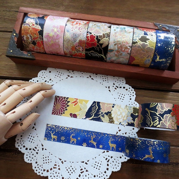Assorted Gold and Silver Foil Washi Tape Roll, Deer, Flower, Bird, Cherry Blossom, Floral Themed Masking Tape for Planner