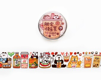 I Love Bubble Tea Washi Tape, Meatball Series Washi Roll, Panda, Boba Milk Tea, Cat, Clear Masking Tape
