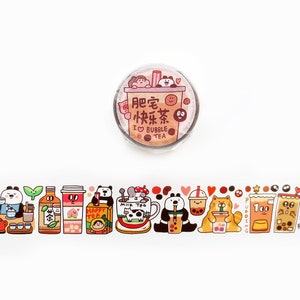 I Love Bubble Tea Washi Tape, Meatball Series Washi Roll, Panda, Boba Milk Tea, Cat, Clear Masking Tape