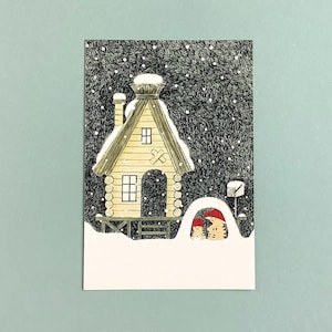 Cartão postal de gato cogumelo de inverno, cogumelo Penchant, cartão postal ilustrado 4Legs, cartão de felicitações de gatinho, cartão de aniversário de cabana com neve