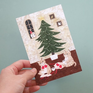 Cartão postal de Natal dos irmãos gatos, cartão postal ilustrado com 4 pernas, luvas, gatinho e cartão de felicitações de árvore de Natal, cartão de aniversário de gato