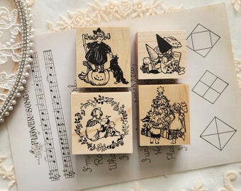 Krimgen Rubber Stamps Stamp, Witch and Pumpkin, Reading, Mushroom Dwarf, Vintage Christmas Children Illustration Wooden Stamp