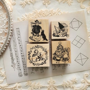 Krimgen Stempels Stempel, Heks en Pompoen, Lezen, Paddestoel Dwerg, Vintage Kerst Kinderen Illustratie Houten Stempel