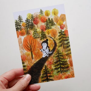 Sabatura Travel Diary Autumn Postcard, 4Legs Illustrated Post Card, Kitty, Nature Themed Greeting Card, Birthday Card