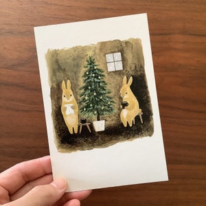 Kerstkaart konijn, geïllustreerde postkaart met 4 poten, wenskaart kerstboom, vintage verhalenboekillustratie verjaardagskaart