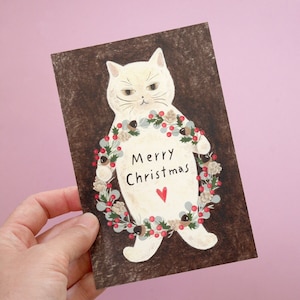 Kerstkat ansichtkaart, 4Legs geïllustreerde briefkaart, feestelijke slinger, Kitty en kerstkrans wenskaart, kat verjaardagskaart