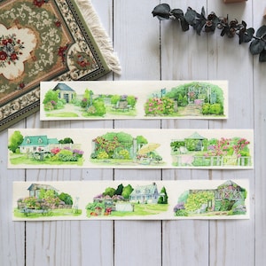 Out in the Garden Washi Tape, Extra Wide Landscape Illustration Tape, Nature, Patio, Countryside Masking Tape for Traveler&#39;s Notebook