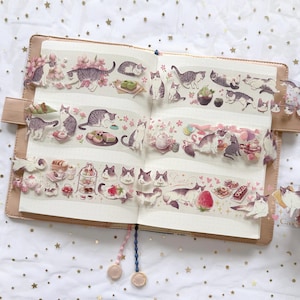 Ruban adhésif transparent PET chat de l'après-midi, ruban de masquage chaton et fleurs de cerisier, pique-nique printanier, ruban adhésif autocollant gâteau aux fraises pour journal, album de scrapbooking