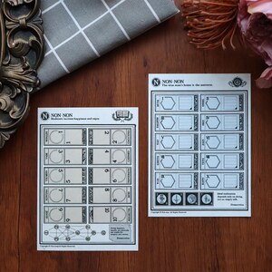 May include: Two black and white printable planner sheets with the title "NON-NON" and the text "The wise man's home is the universe." and "Moderate increase happiness and enjoy." The sheets have a grid layout with numbered sections and hexagonal shapes.