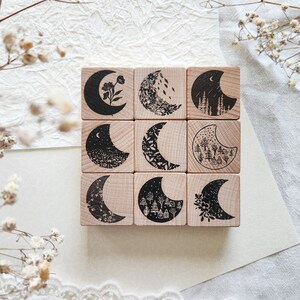 Moon Forest Wood Mounted Stamps, Floral Lunar Polymer Stamp for Planner and Journal, Scrapbook Stamp