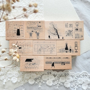 Around Town Rubber Stamps, Daily Life, Bus Stop, Coffee Shop, Park Wood Mounted Stamp for Crafting and Journaling, Snail Mail