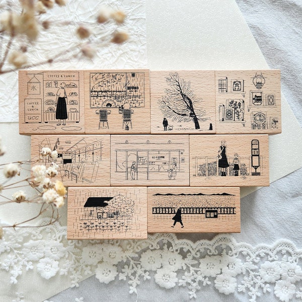 Around Town Rubber Stamps, Daily Life, Bus Stop, Coffee Shop, Park Wood Mounted Stamp for Crafting and Journaling, Snail Mail