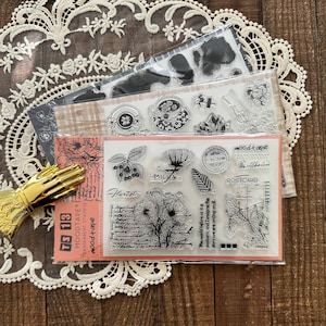 Conjunto de sellos acrílicos de postal floral, sellos adhesivos con diseño de flores para diario, plantas de acuarela, sello transparente con letras de flores