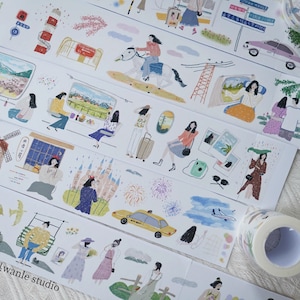 Wanle-studio onderweg washitape, plakband met reisthema, vliegtuig, trein, cruiseschip, sticker roadtripjournaal