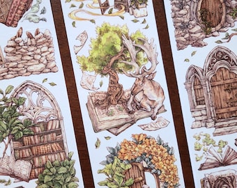 Forest Fantasy Book Masking Tape, Extra Wide Book Themed Illustration Washi and PET Tape, Reading Journal, Forest Library Sticker Tape