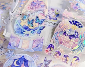 Hakiso Dancing Butterflies Masking Tape, Window, Fantasy, Flower Holographic Masking Tape, Valentine's Day Journal Sticker