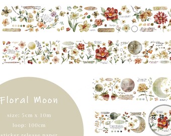 TAPE SAMPLE, Jennyuanzi Floral Moon PET Masking Tape, Rose, Lunar Phase, Flower Sticker for Collage, Journal, Planner