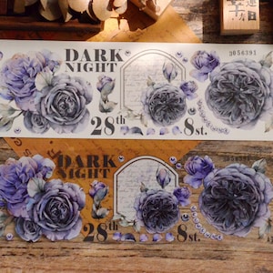 Afplaktape paarse inkt, zwarte roos washi en PET-tape, vintage dames maskeertape, decoratieve collagetape voor rommeljournaal en planner