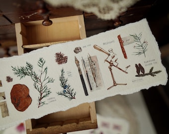 May include: A sheet of paper with illustrations of various plants and tools, including a microscope, pine cones, juniper, and a European silver fir. The paper has a torn edge and is placed in a wooden drawer.