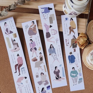 Wanle Studio 座るマスキングテープ、女の子のイラスト和紙とPETテープ、余暇、読書、猫日記ステッカー