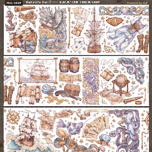 Muestra de cinta, Washi marino inexplorado y muestra de cinta PET, cinta de enmascaramiento de collage con temática de fantasía extra ancha, exploración oceánica, viaje por mar