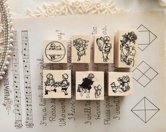 Krimgen Assorted Rubber Stamp, Kimono Girl with Rabbit, Girl with Luggage, Fairy Boy and Girl, Vintage Themed Illustration Wooden Stamp