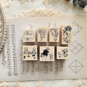 Krimgen アソートゴムスタンプ、ウサギと着物少女、荷物を持つ少女、妖精の男の子と女の子、ヴィンテージテーマのイラスト木製スタンプ