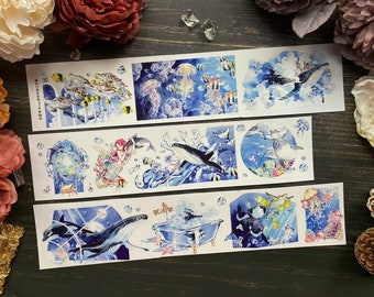 Oceans Apart Masking Tape, Extra Wide Sea Creatures Washi and PET Tape, Sea Turtle, Whale, Mermaid, Decorative Collage Tape for Journal