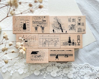 Around Town Rubber Stamps, Daily Life, Bus Stop, Coffee Shop, Park Wood Mounted Stamp for Crafting and Journaling, Snail Mail