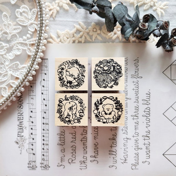 Krimgen Wreath Series Series Stamp, Teddy Bear, Bunny, Children Illustration Wooden Stamp for Scrapbook, Journal, Greeting Card