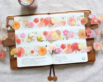 Spring Season Gold Foil Embossed PET Tape, Watercolor Cherry Blossoms Masking Tape, Flower, Swallow Tape for Planner and Journal
