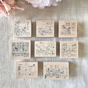 Orte, an denen ich häufig stempel, Stempel des täglichen Lebens, regnerischer Tag, Bäckerei, Haus, Bibliothek, auf Holz montierter Stempel für Basteln und Journaling, Schneckenpost