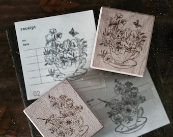 A Cup of Flowers Rubber Stamps, Teacup and Flowers Wooden Stamp, Bird, Iris, Rose, Floral Stamp for creative journal and Planner