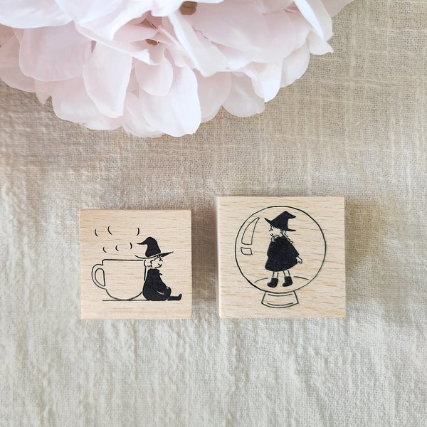 Little Witch Rubber Stamp, Teacup, Glass Ball Stamp, Halloween Themed Wood Mounted Stamp for Greeting Card, Craft, Journal