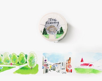 The Scenery Washi Tape, Mountain, Landscape, Cityscape, Molinta Original Girl Illustration Masking Tape, Sticker for Art Journal, Planner