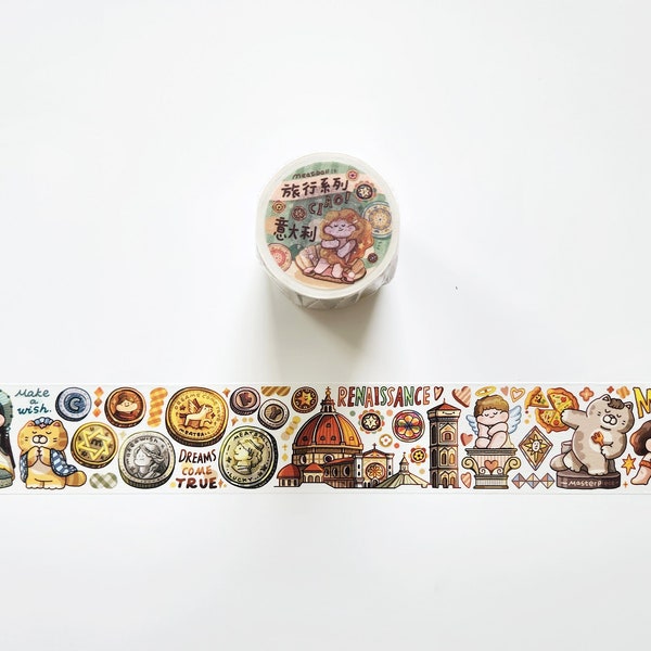 Travel to Italy Washi Tape, Meatball Travel Series Illustration Tape, Leaning Tower of Pisa, Venice, Traveler's Notebook Sticker
