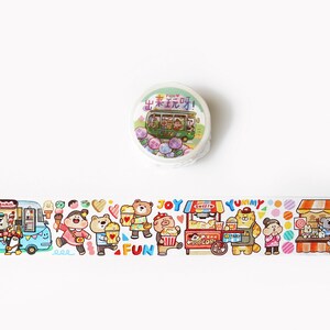 Vamos sair e brincar com fita washi, série de almôndegas, ilustração original de menina, rolo washi, viagem, festival, food truck, fita adesiva para áreas externas