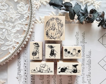 Krimgen Assorted Rubber Stamp, Girl in Flowers, Mushroom Children, Little Witch, Vintage Children Illustration Wooden Stamp