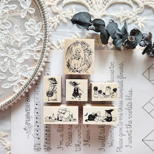 Krimgen diverse rubberen stempel, meisje in bloemen, paddestoel kinderen, kleine heks, vintage kinderen illustratie houten stempel