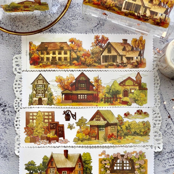 Forest Dwelling Masking Tape, Extra Wide House Washi and PET Clear Tape, Log Cabin, Autumn, Building and Landscape