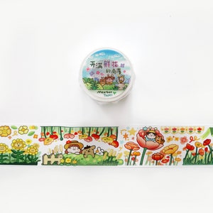 Fita Washi de Patch de Flores, Fita Washi de Ilustração de Garotas Almôndegas, Abelha e Borboleta, Tulipa, Hortênsia, Flor de Primavera, Fita Adesiva